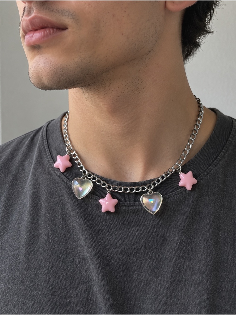 Silver Chain Necklace with Pink Star and Iridescent Heart Charms